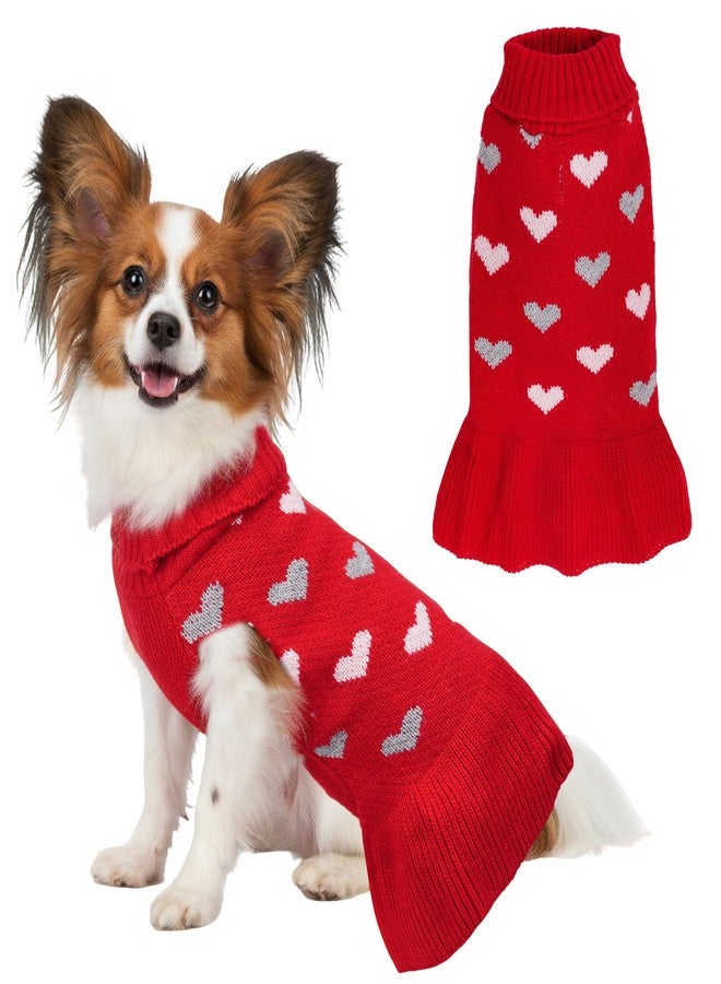 cnomg Dog Sweater Dress Heart Red Turtleneck Knit Dress for Small Dogs 9-15 lbs Valentine Winter Pullover with Leash Hole for Wedding Mothers Day Valentine's Day - Image 1